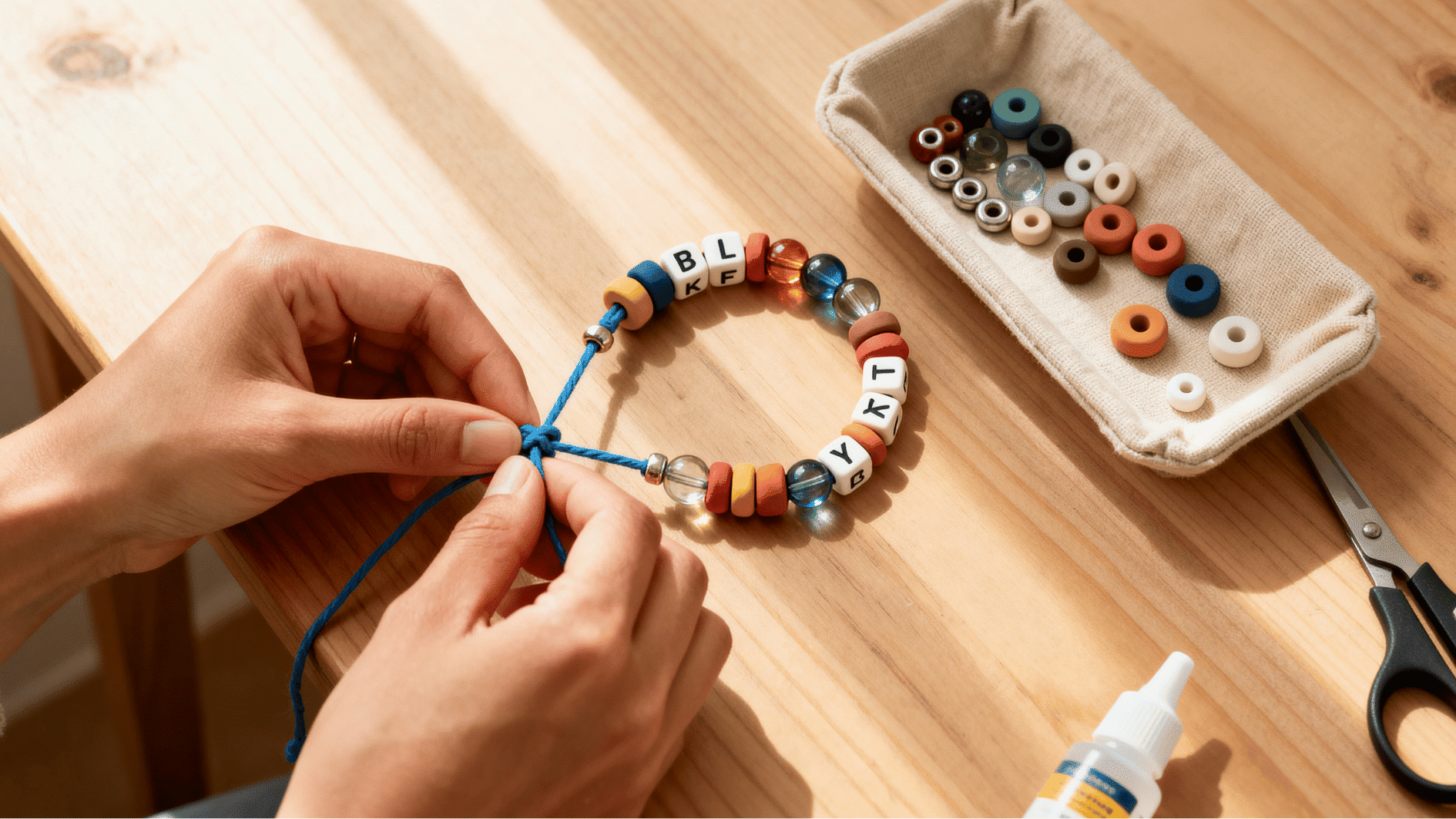 hands tying final knot of colorful beaded bracelet on wooden table with glue bottle scissors and finished bracelet