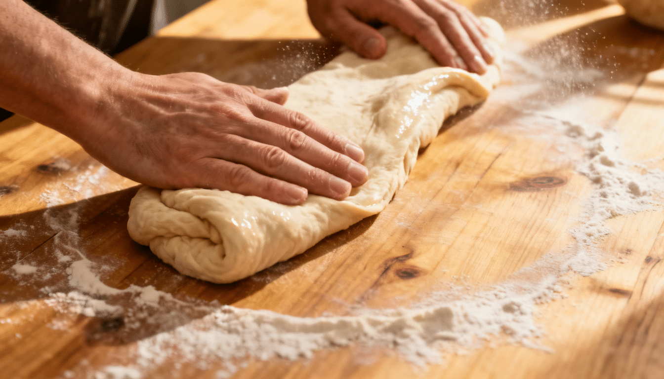 hands using the heel of the palm to knead dough on a floured wooden surface during bread making preparation
