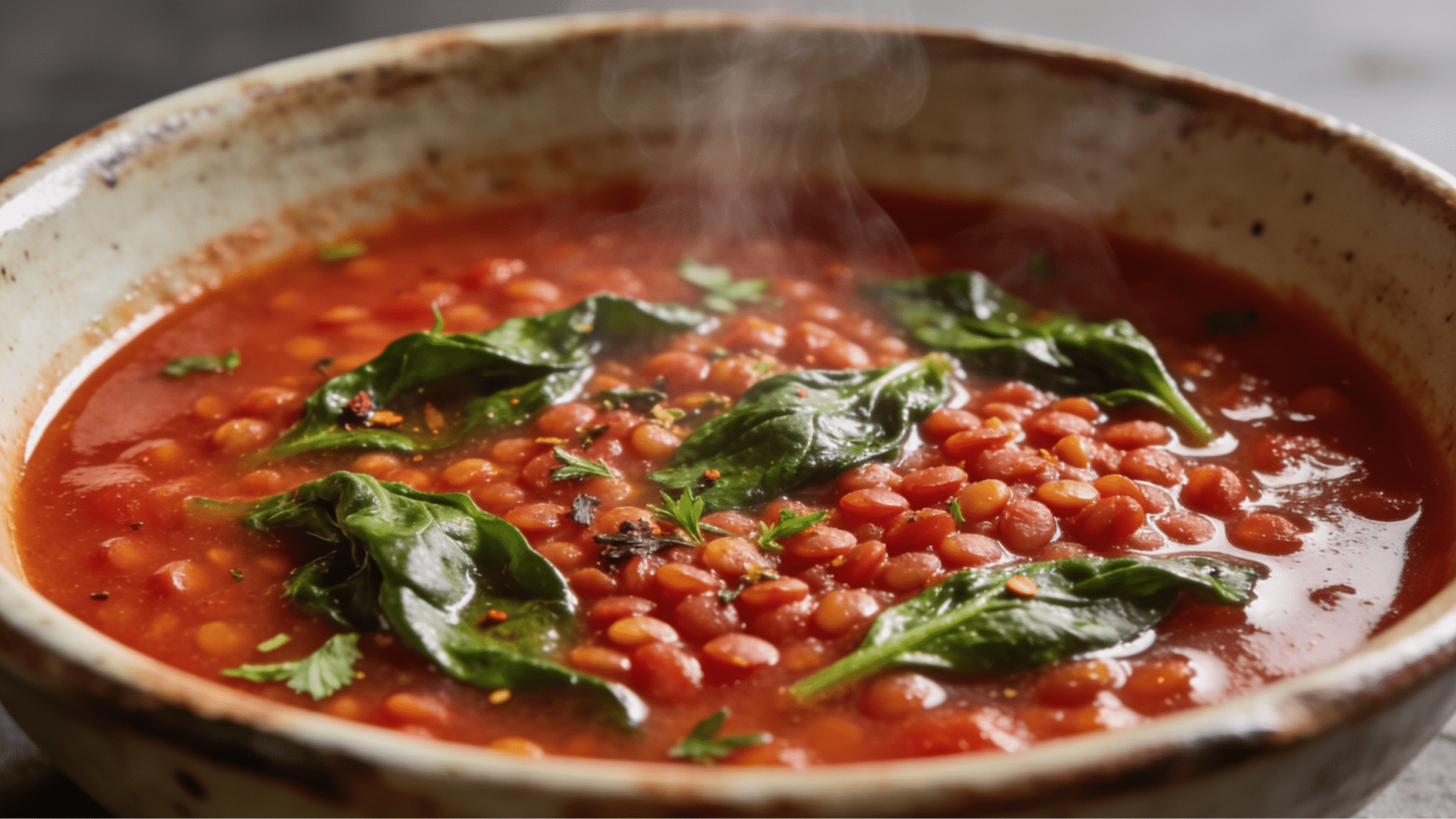 hearty lentil and spinach soup with red lentils tomatoes fresh spinach and herbs served in a warm rustic bowl