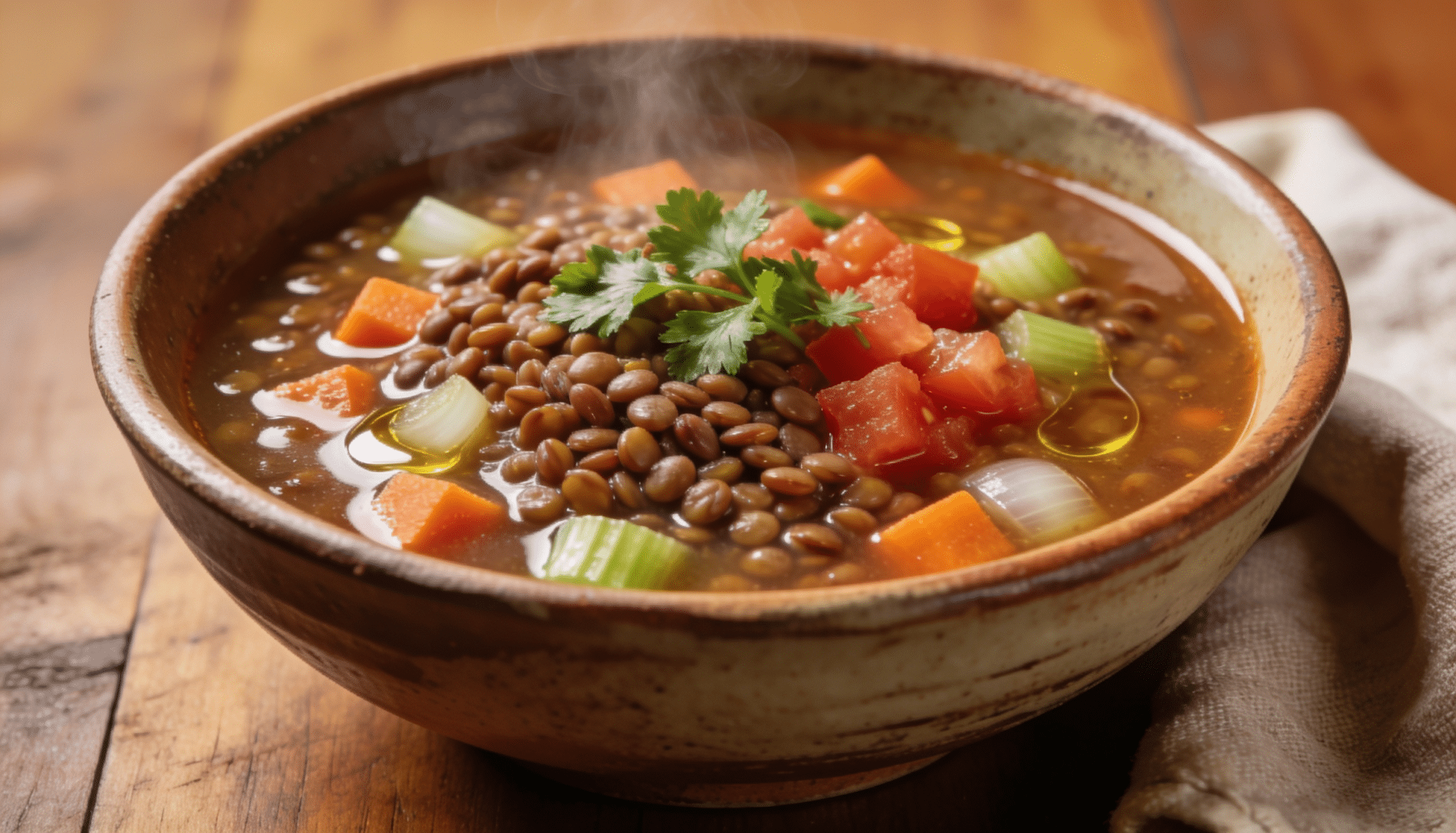 hearty lentil soup with carrots, celery, tomatoes, and fresh herbs simmered in a rich savory broth in a rustic bowl