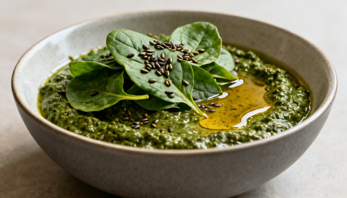 hemp seed spinach pesto in ceramic bowl topped with fresh spinach leaves, hemp seeds, and olive oil drizzle on light background
