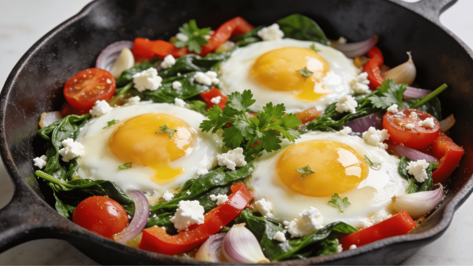 high protein breakfast skillet with eggs spinach tomatoes peppers onions feta cheese and parsley served in a rustic pan
