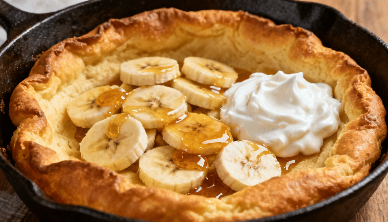 high protein dutch baby pancake topped with banana slices honey and greek yogurt in cast iron skillet