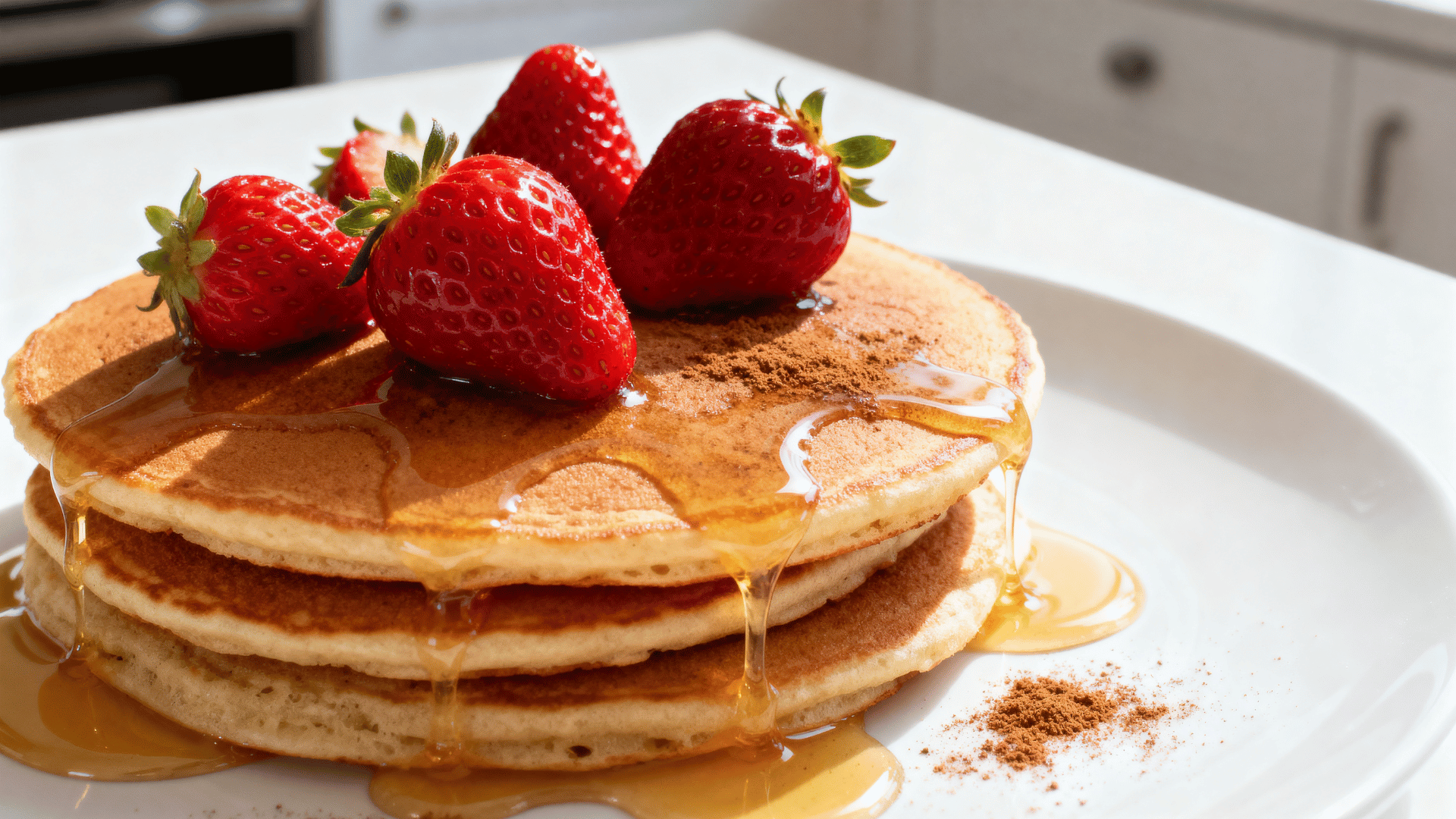 high protein pancakes topped with berries, light syrup, and cinnamon on a breakfast plate