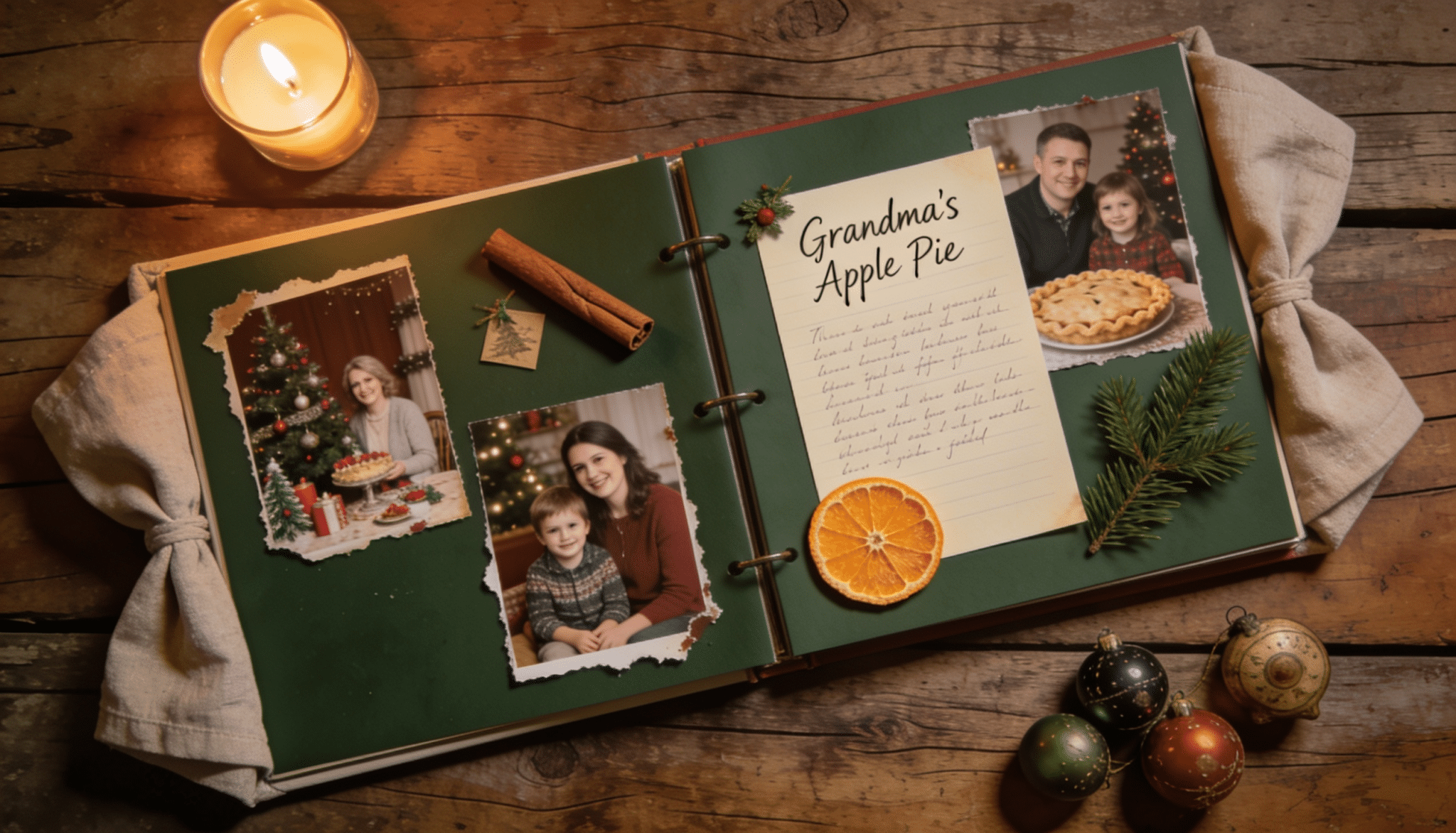 holiday traditions scrapbook page with family photos, handwritten recipe, festive decorations, and seasonal keepsakes on rustic wood table surface