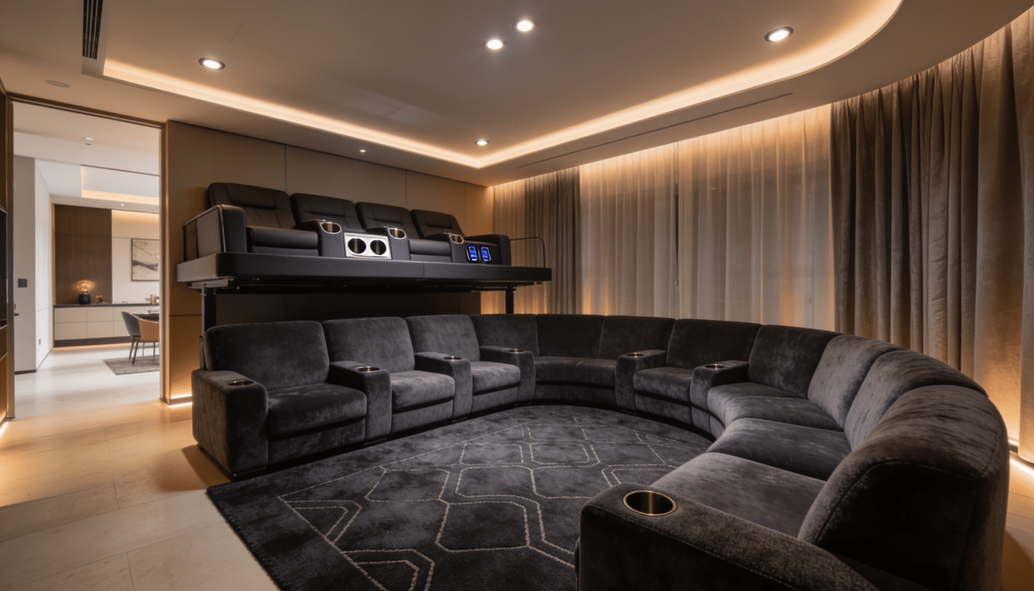 home entertainment room addition with tiered theater seating, curved sectional sofa, ambient lighting, and cinema-style design