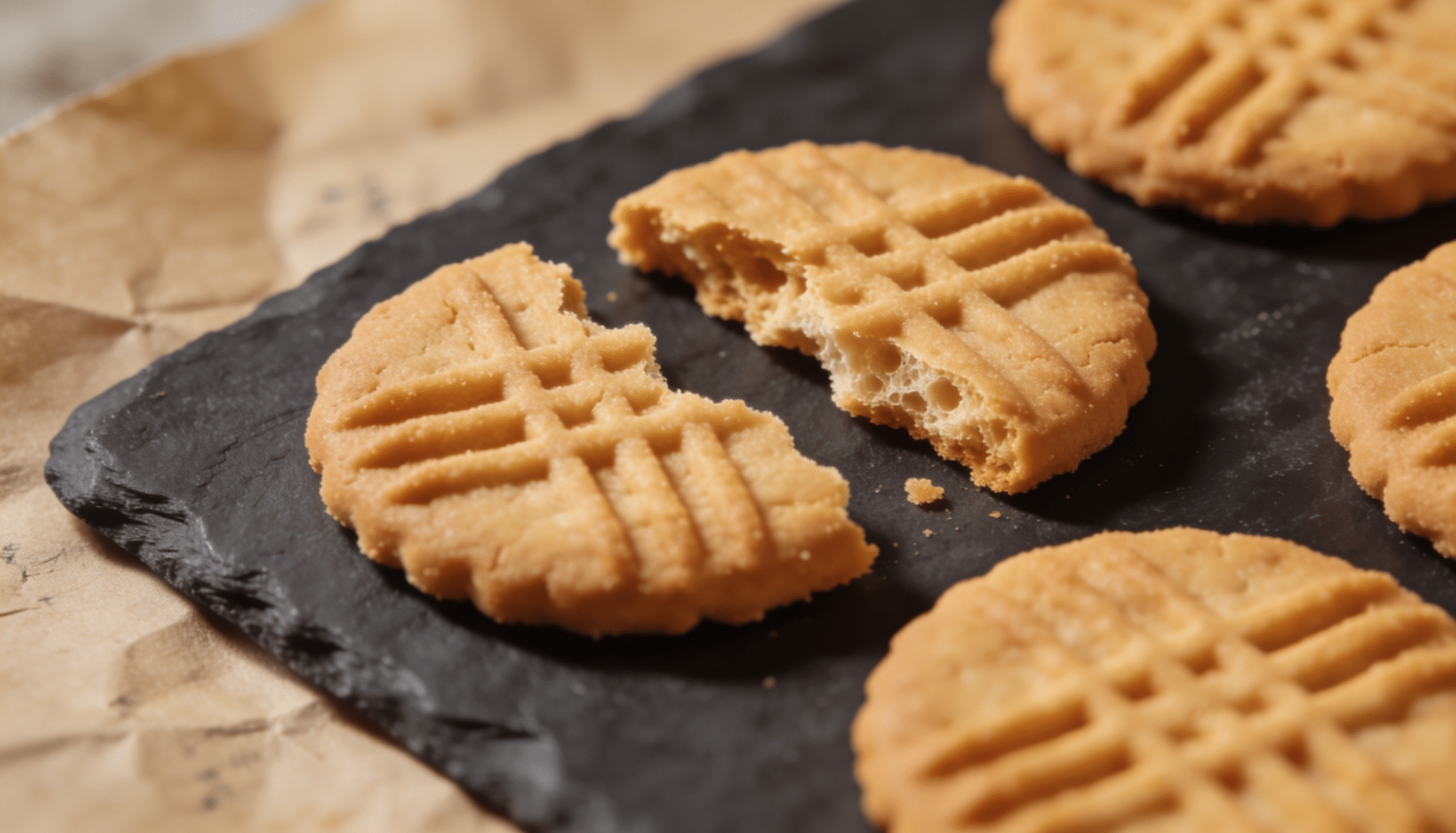 homemade peanut butter cookies with fork marks on a black serving board and parchment paper background
