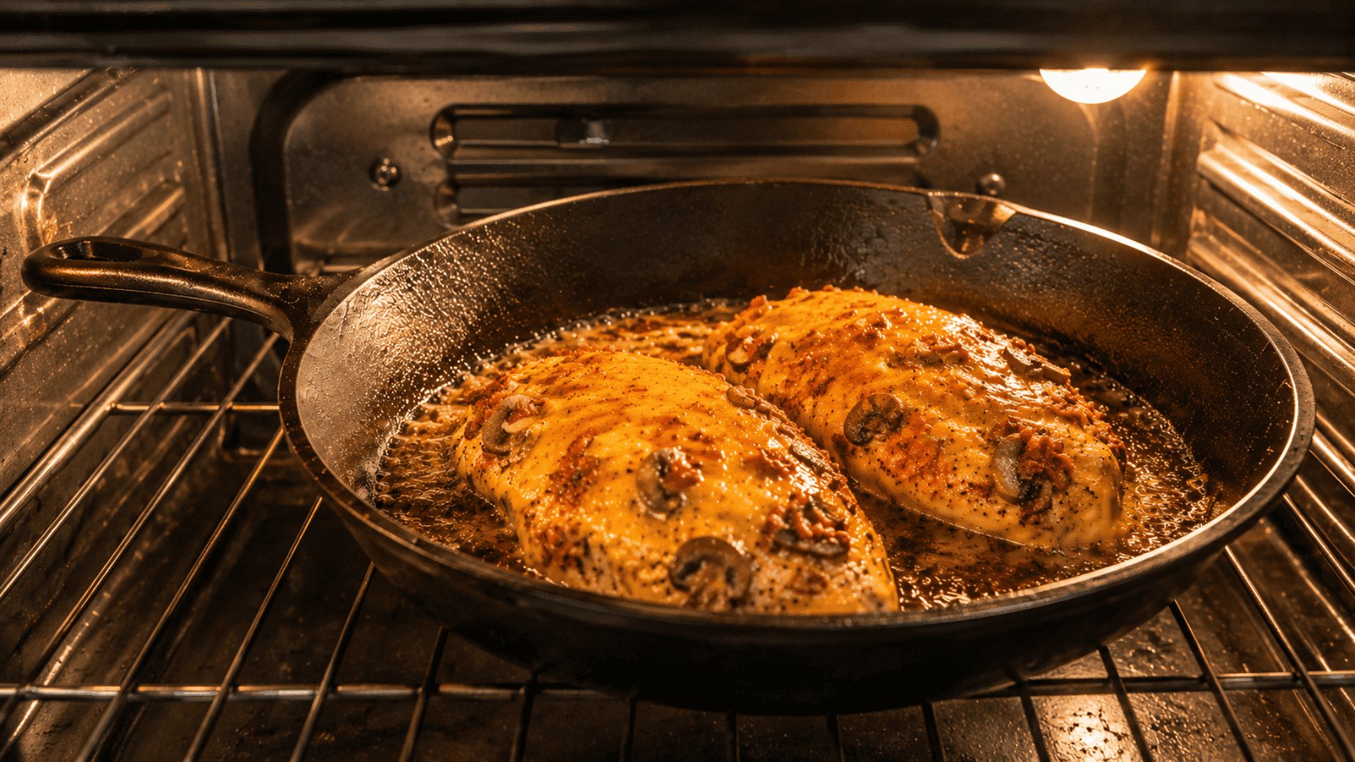 honey mustard chicken with melted cheesy topping baking in a cast iron skillet inside a home oven