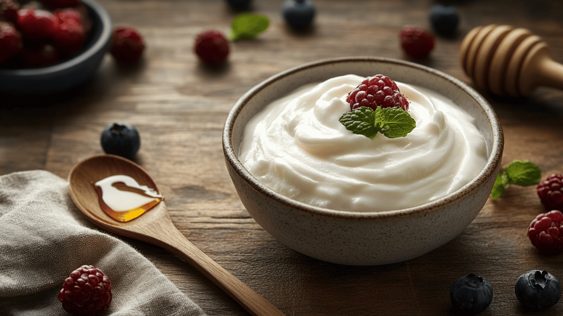 honey strawberry garnished yogurt kept in a ceramic bowl with fruit toppings and visible side props in an indoor setting