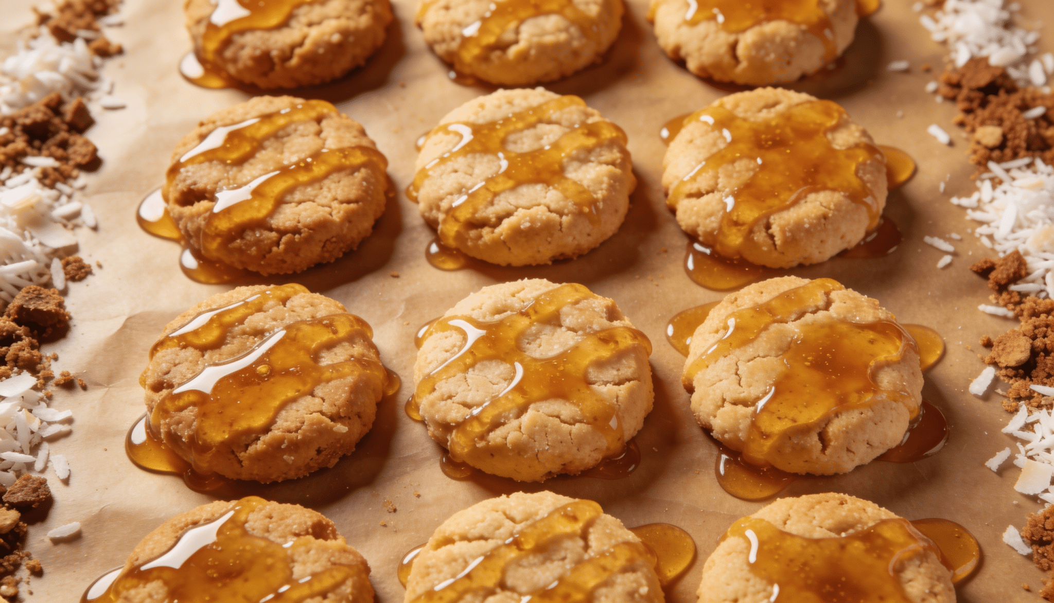honey sweetened coconut flour cookies drizzled with golden honey on parchment paper with coconut flakes and cookie crumbs around the edges