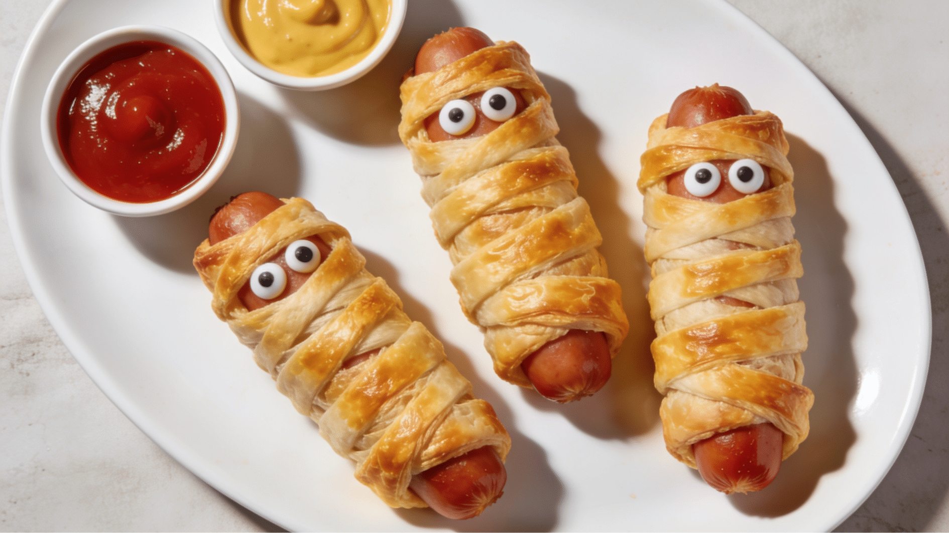hot dog mummy wraps baked golden with candy eyes arranged on a party tray for kids