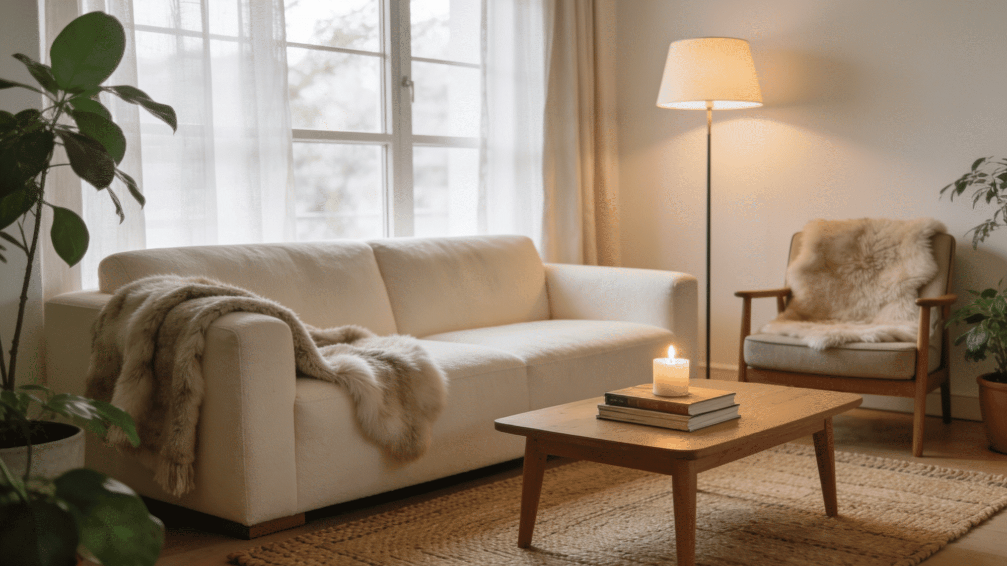 hygge scandinavian living room with birch furniture sheepskin throw and grouped pillar candles on tray