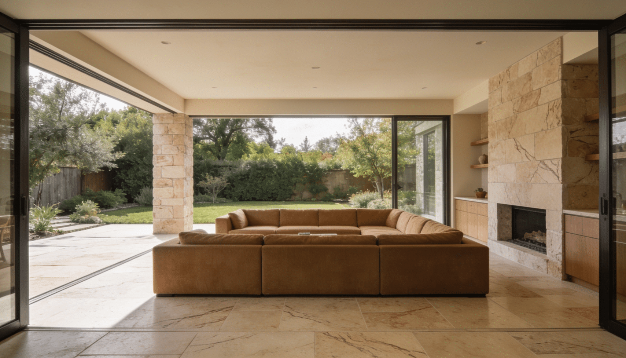 indoor-outdoor living room addition with folding glass walls, stone fireplace, and seamless patio connection to backyard views