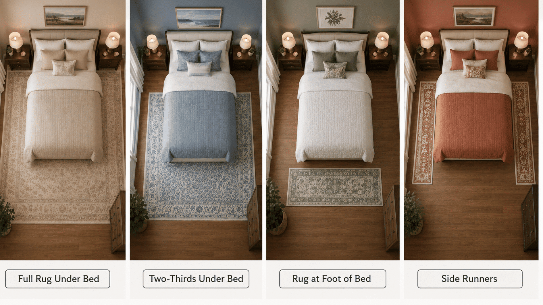 infographic showing four bedroom rug placement layouts full, two-thirds, foot of bed, and side runners.