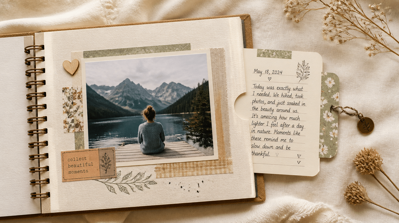 interactive scrapbook layout with a pull-out journaling card, layered photo design, handwritten memories, and decorative accents on a soft cream album page background