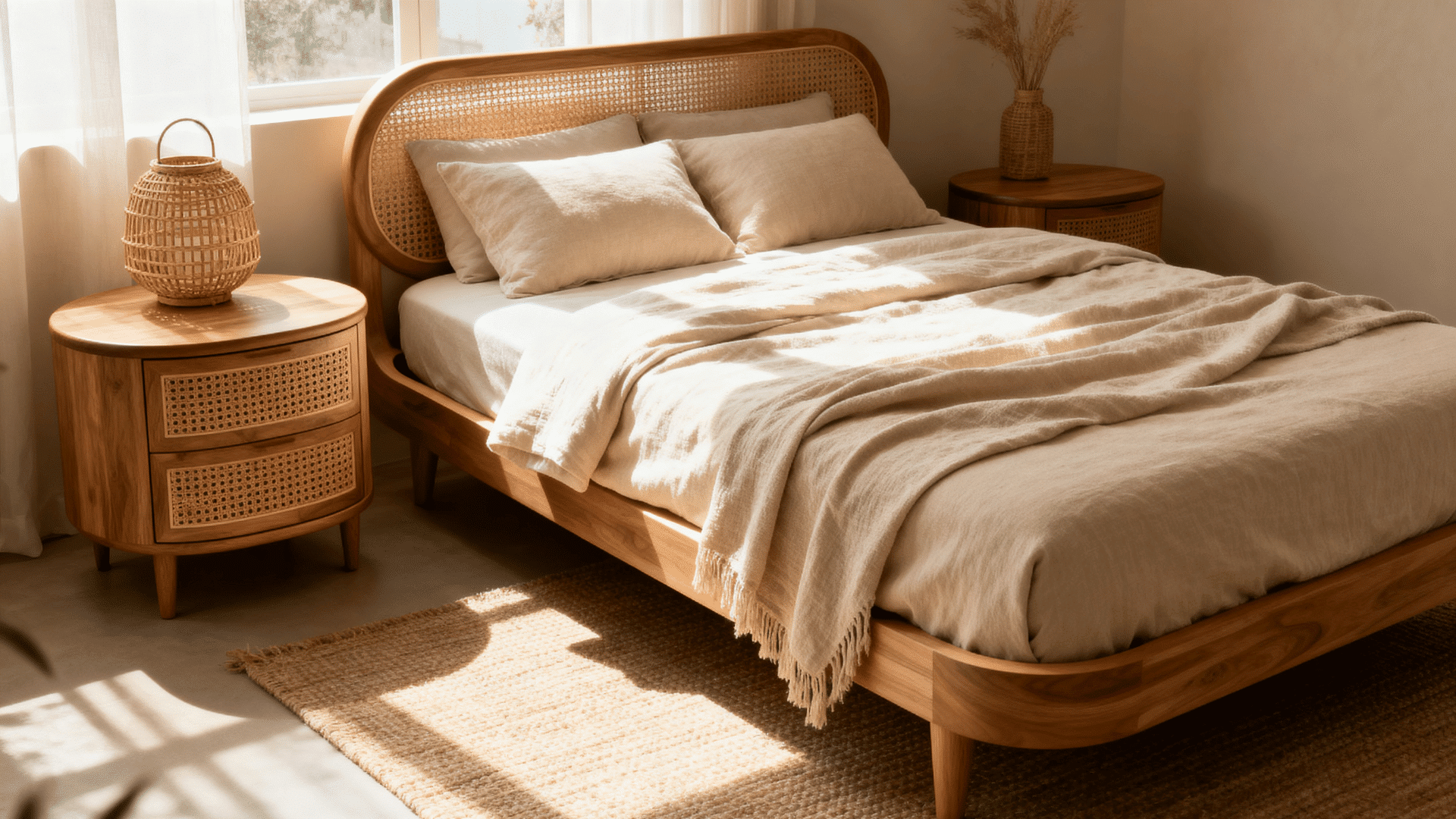 inviting bedroom with soft lines and natural materials