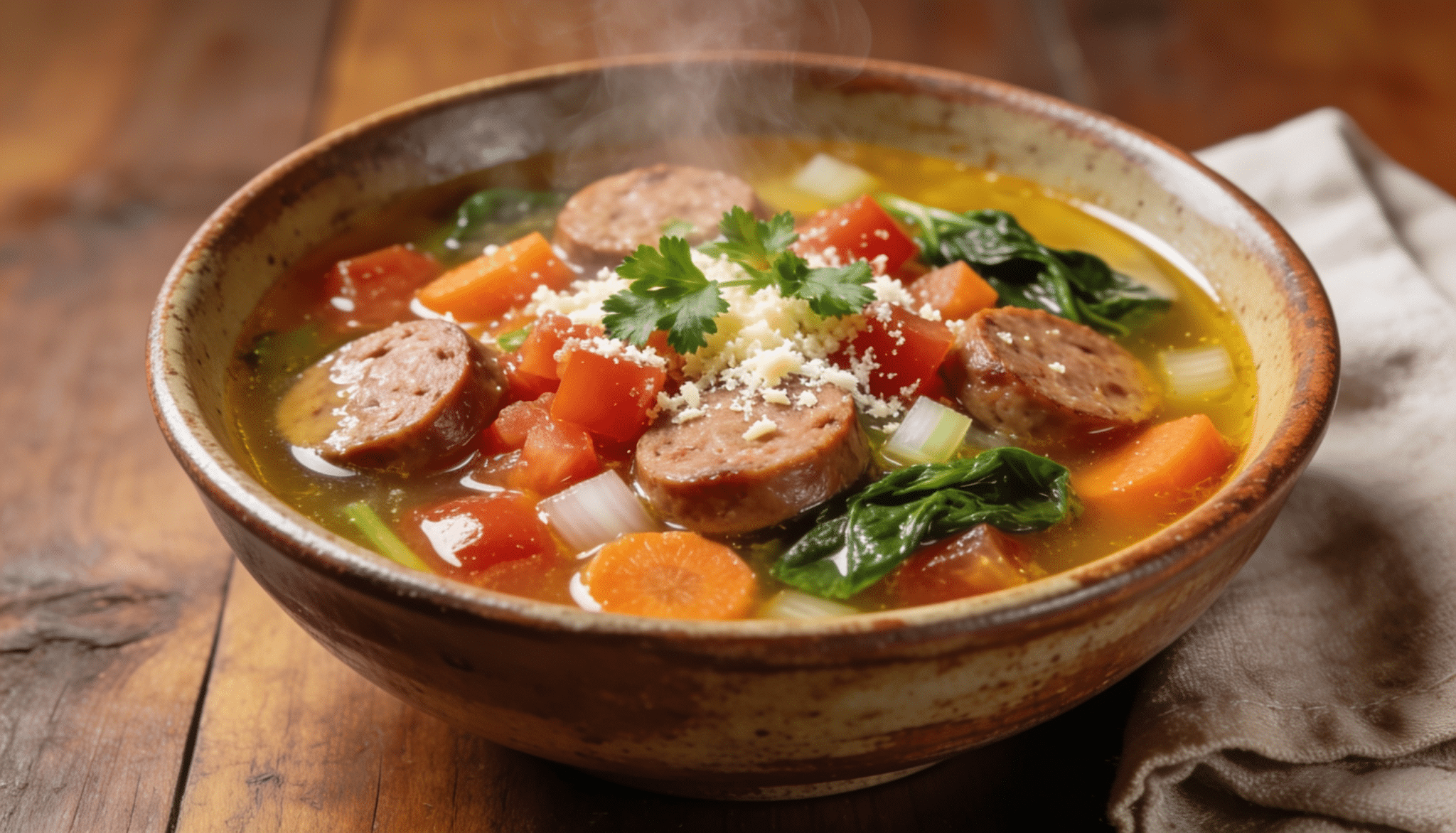italian sausage soup with sausage slices, tomatoes, carrots, spinach, celery, and parmesan in a steaming rustic bowl