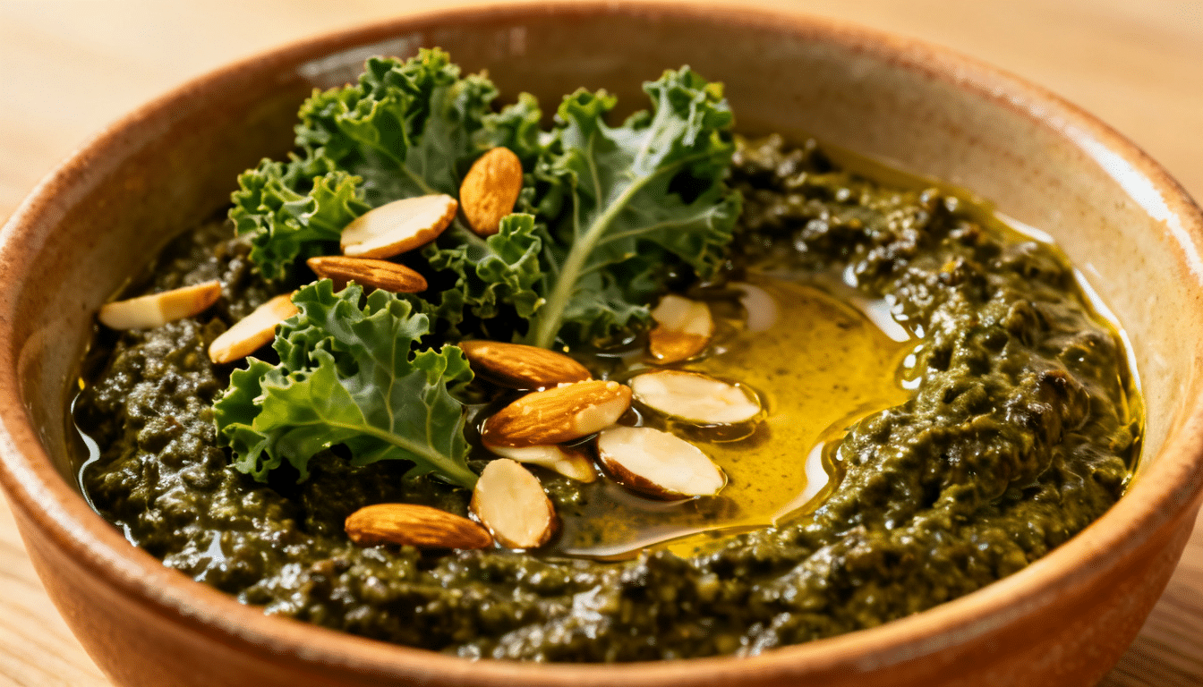 kale almond pesto in ceramic bowl topped with fresh kale leaves, sliced almonds, and olive oil drizzle on wooden surface