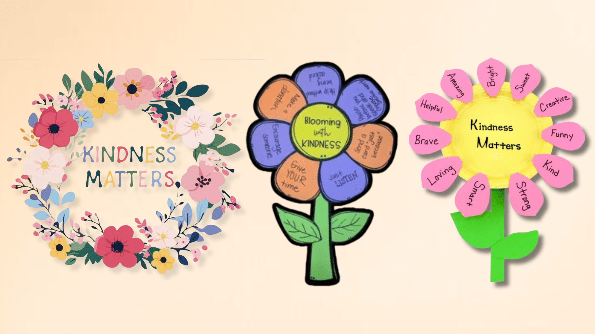 kindness flower craft made of colorful paper petals glued onto a textured red brick wall background