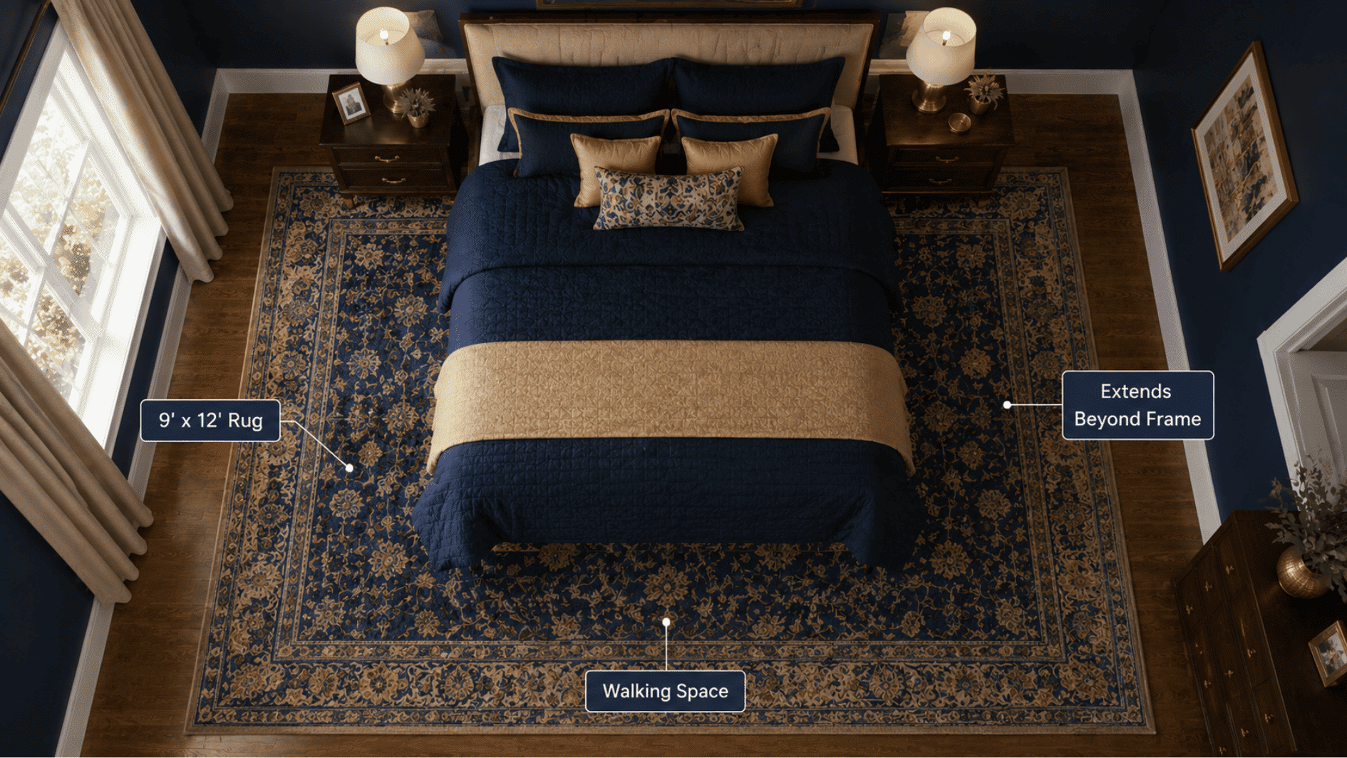 king bed with a 9x12 rug extending beyond the frame with visible walking space.
