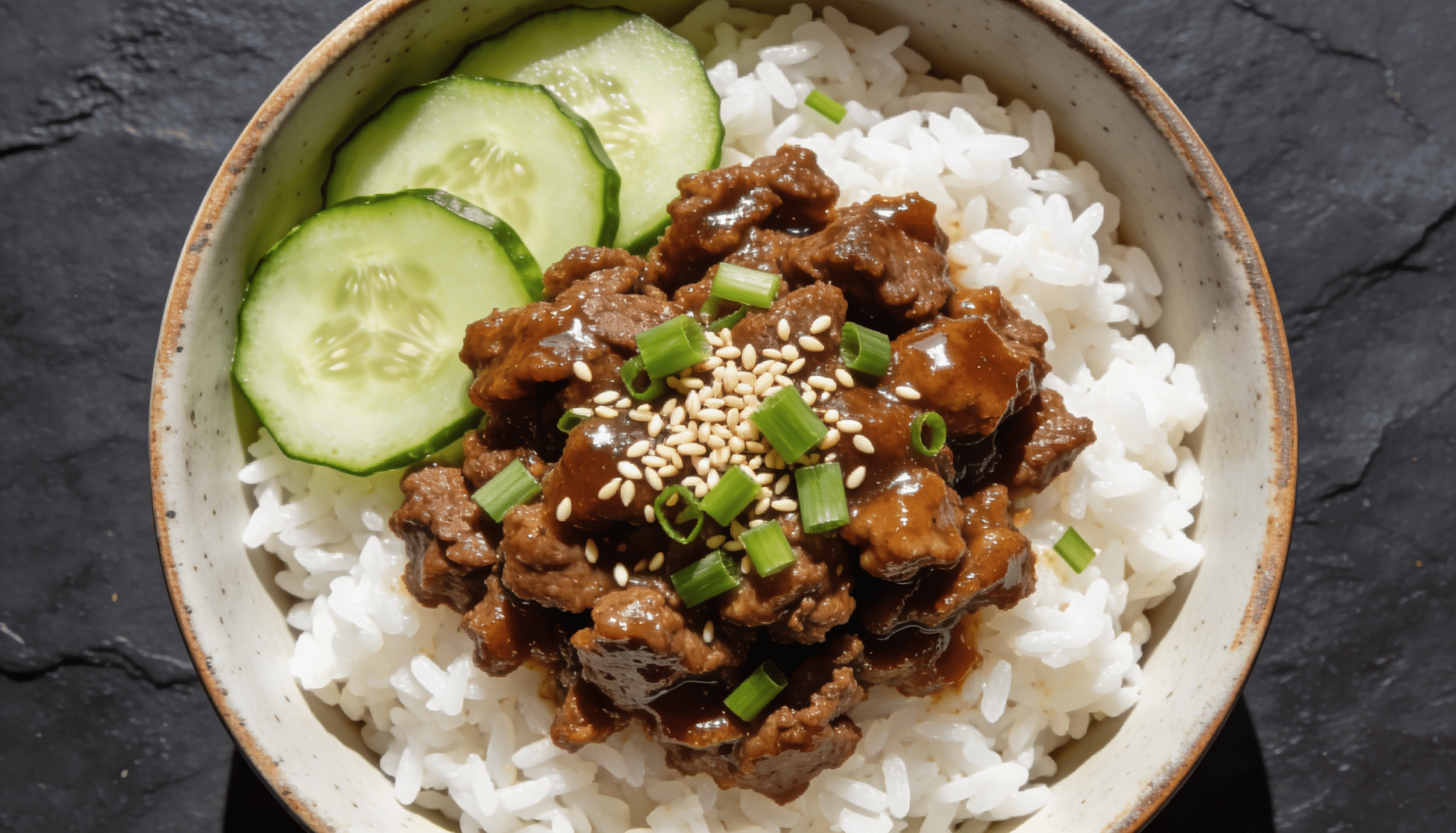 korean-inspired ground beef bowl with white rice, glazed beef, cucumber slices, sesame seeds, and green onions in a ceramic bowl