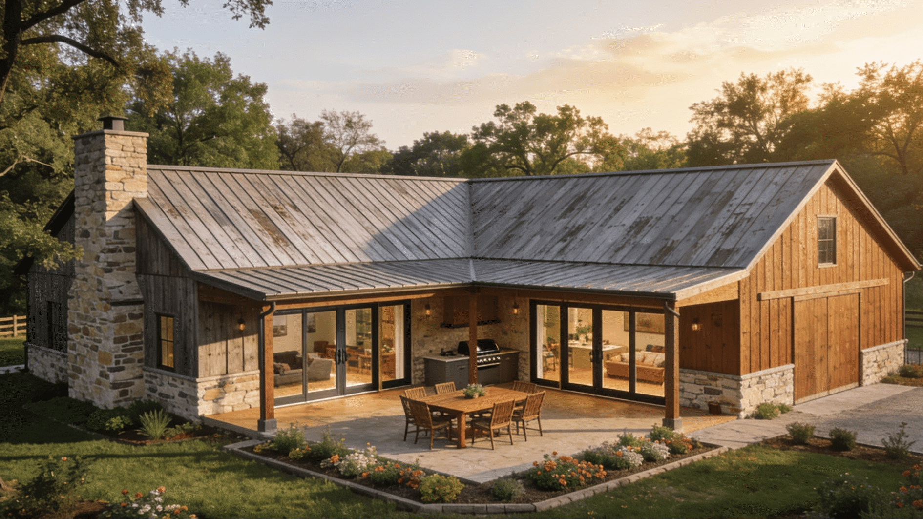 l shaped barndominium surrounding a private patio with outdoor seating and garden