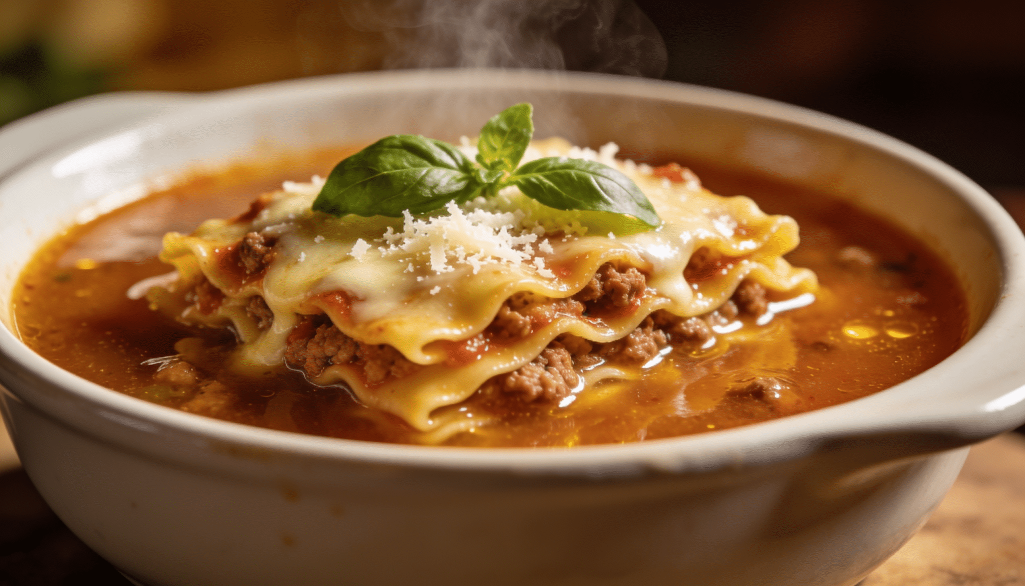 lasagna soup with layered pasta, seasoned beef, melted cheese, tomato broth, and fresh basil garnish in a bowl