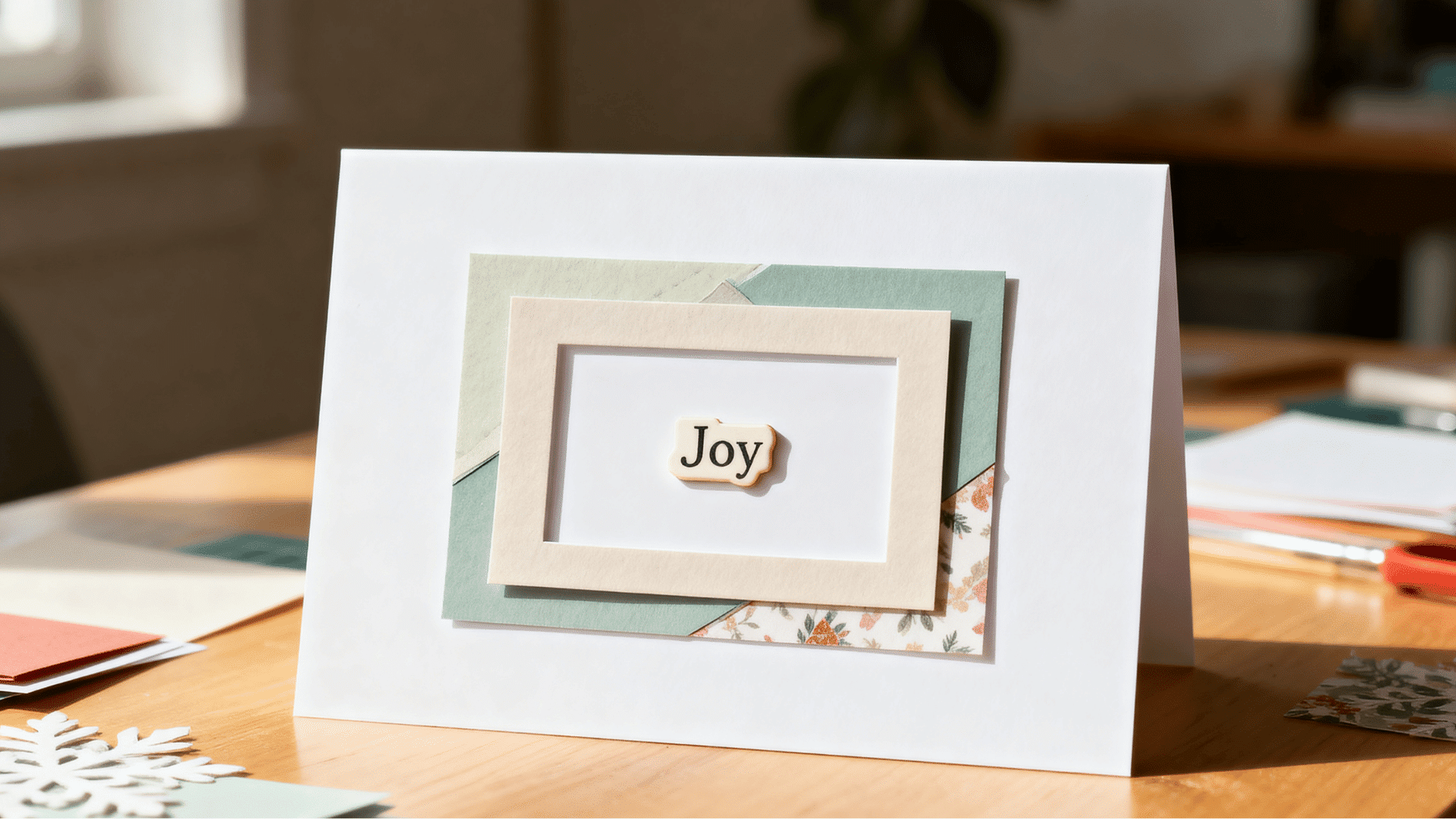 layered handmade greeting card on craft desk with framed paper design and center word 'joy', soft pastel layers and warm sunlight