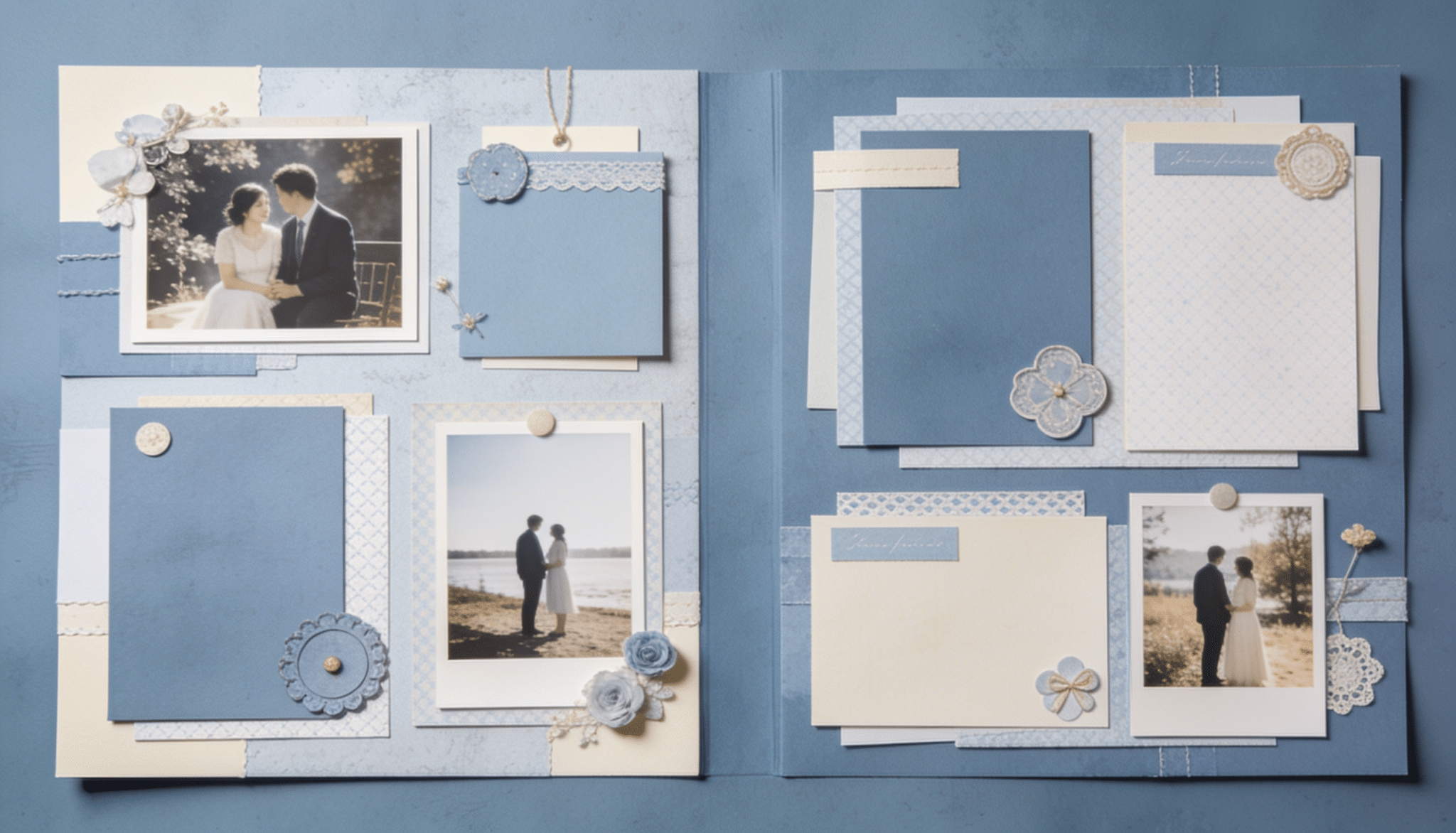 layered scrapbook layout with photo mats, journaling cards, decorative accents, and wedding photos arranged across coordinated blue album pages