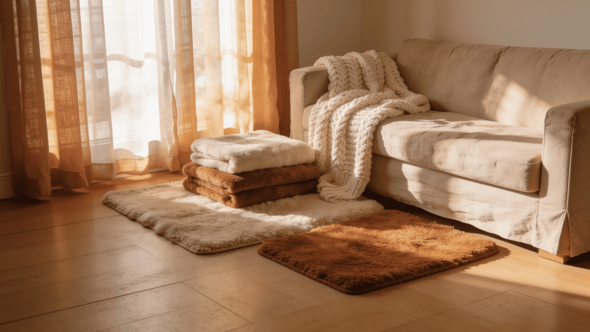 layered textiles living room with chunky knit throws and plush rugs in cream and caramel tones
