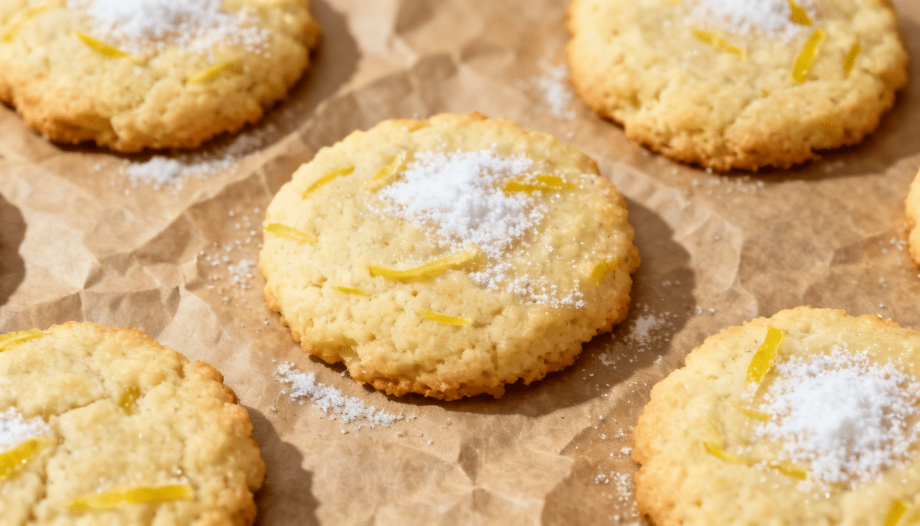 lemon coconut flour cookies topped with powdered sweetener and lemon zest on parchment paper with a golden baked finish