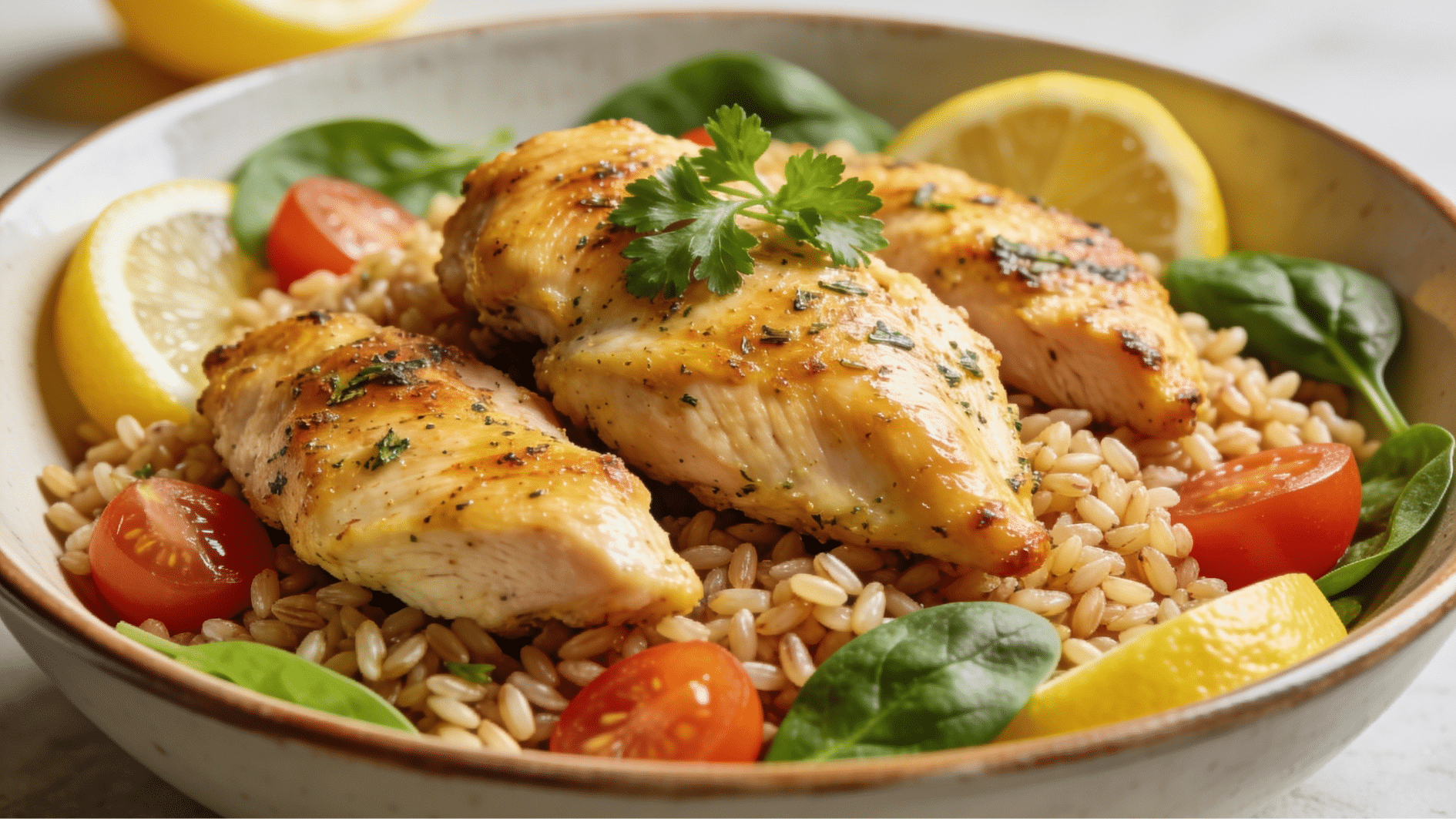 lemon herb chicken and farro with spinach tomatoes parsley and bright citrus flavors in a healthy bowl
