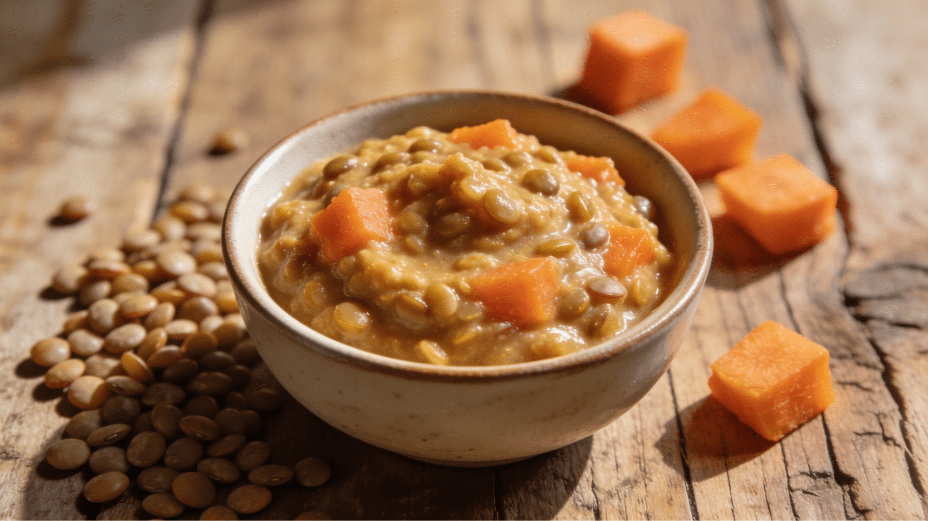 lentil and carrot mash in a baby bowl with lentils and carrots beside it on table