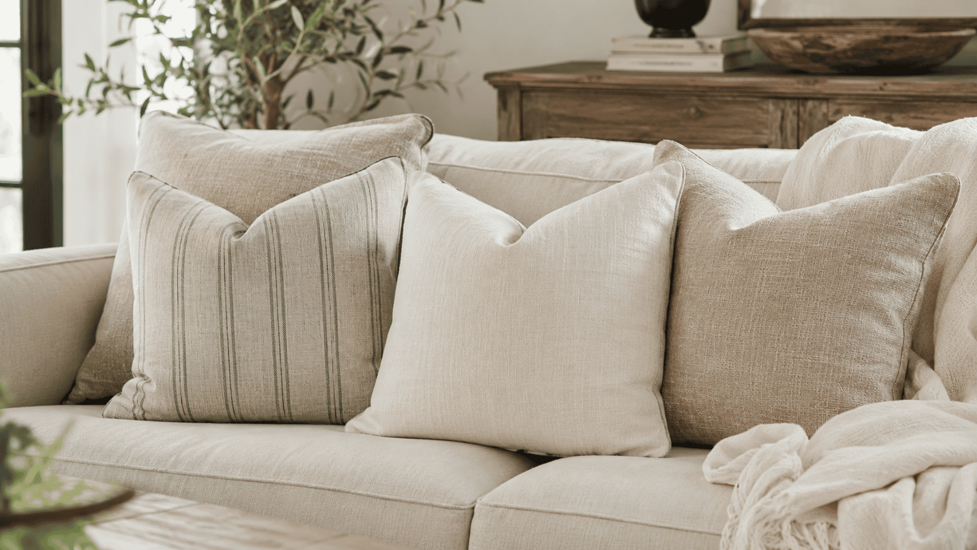 linen throw pillows kept in a white sofa with farmhouse decor in background in an indoor setting with bright light and plant in backgound