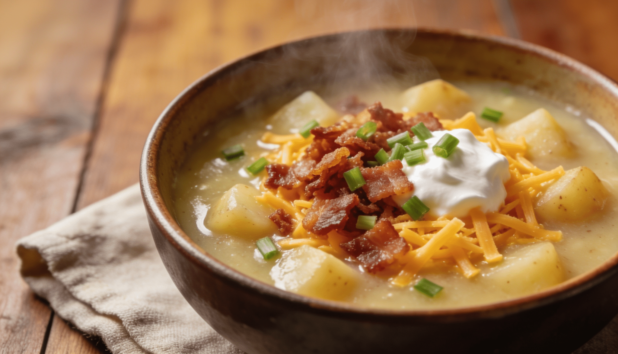 loaded baked potato soup topped with cheddar cheese, bacon, sour cream, and green onions in a steaming rustic bowl