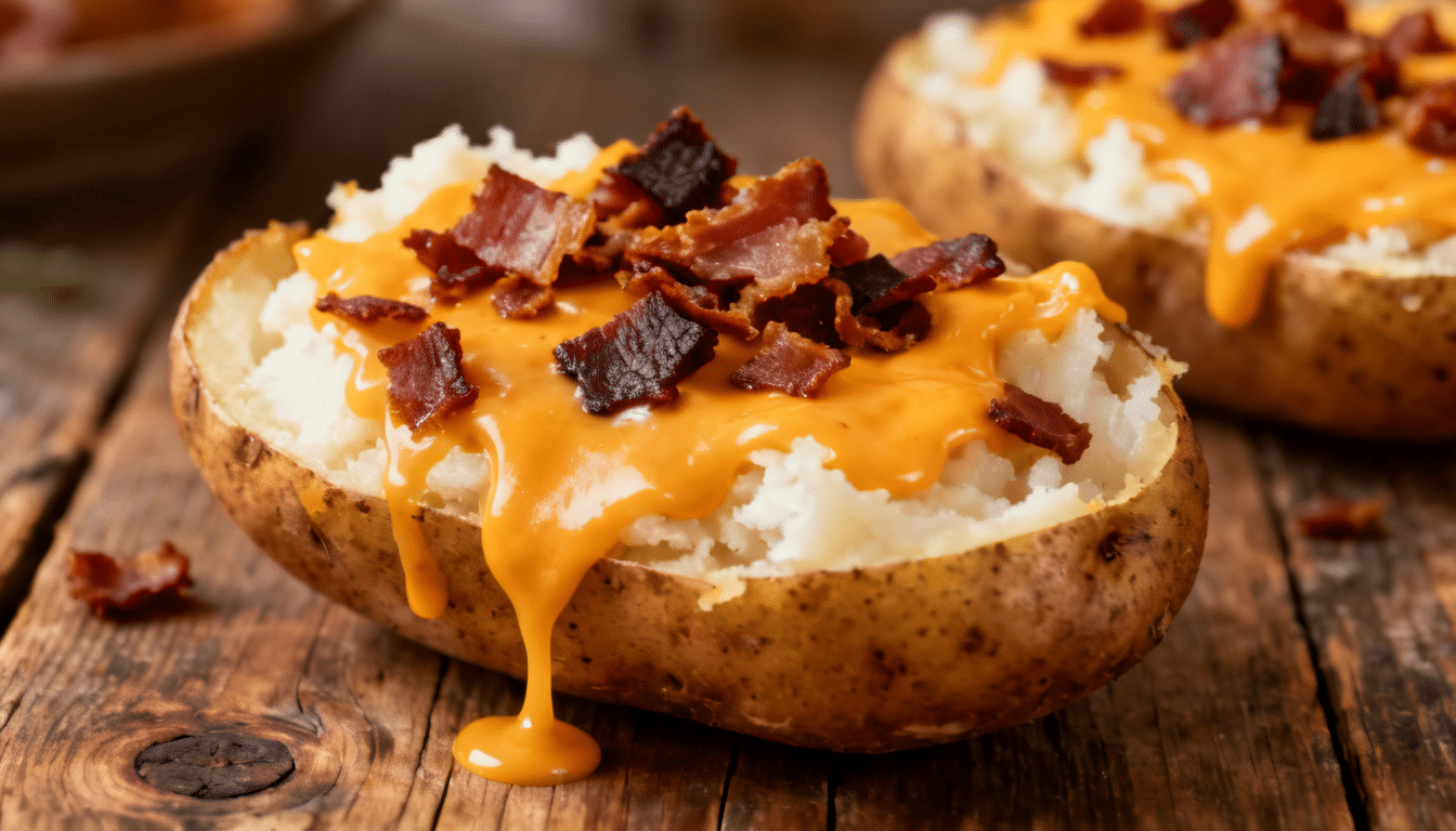 loaded baked potato topped with melted cheddar cheese sauce and crispy bacon pieces on a rustic wooden table