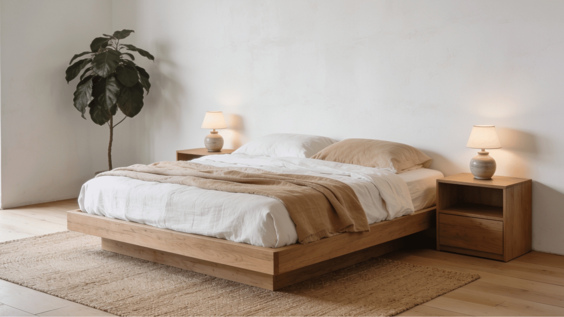 low profile oak platform bed in minimalist japandi master bedroom with linen bedding and indoor plant
