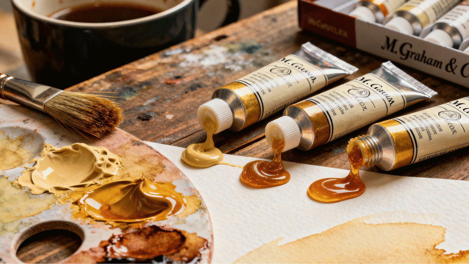 m graham watercolor tubes with honey based paint squeezed onto palette showing smooth blending and rich wet paint texture
