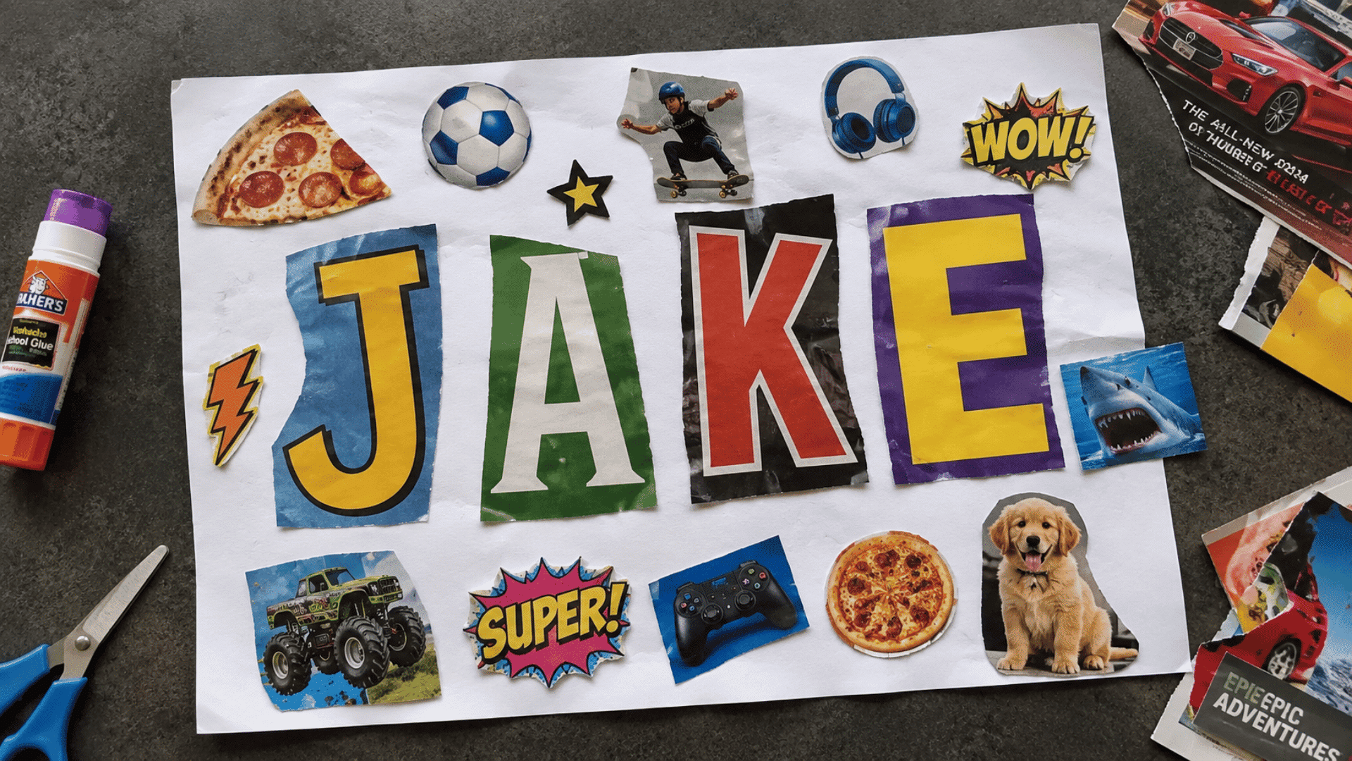 magazine cut out name art with mixed letters and colorful images on dark concrete