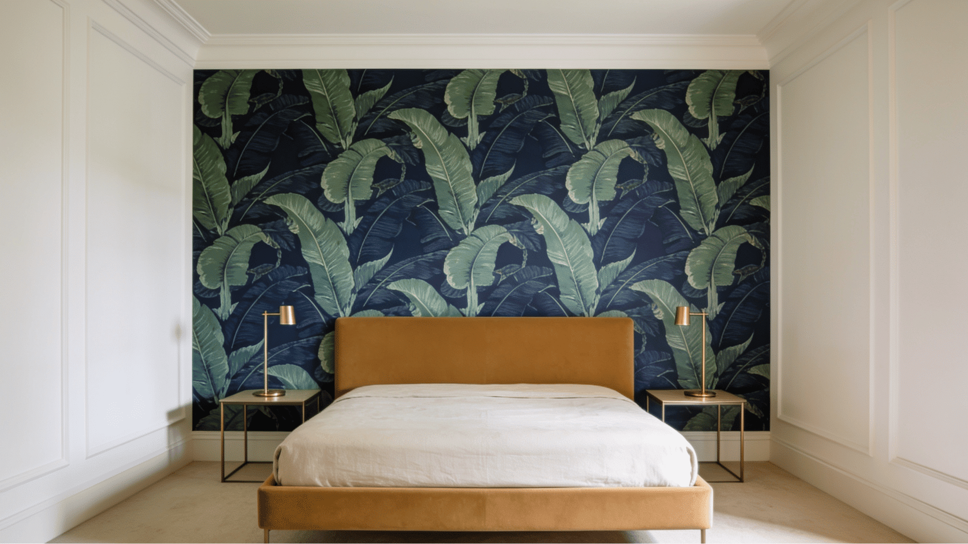 master bedroom accent wall with bold botanical wallpaper behind low camel upholstered bed and brass lamps