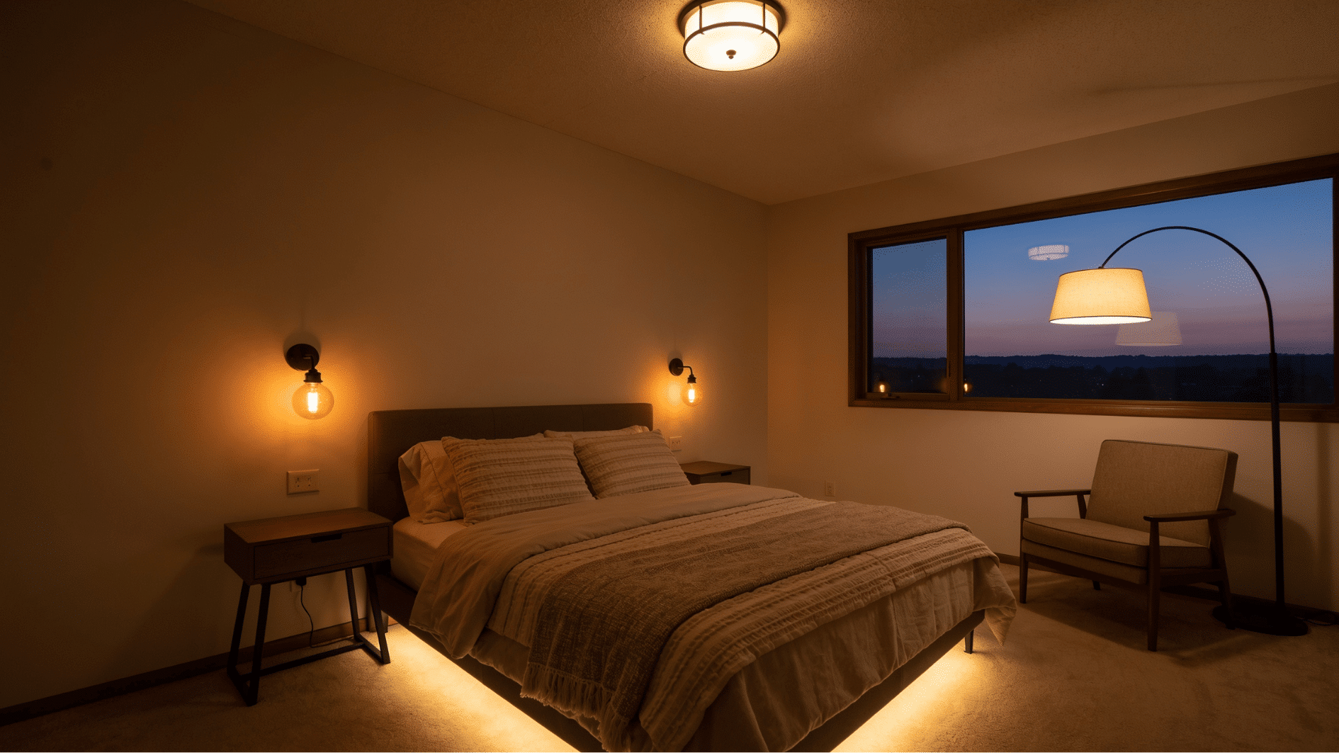 master bedroom at dusk with layered lighting including sconces floor lamp ceiling fixture and under bed glow