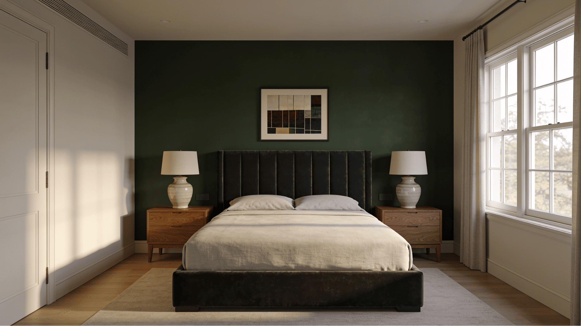 master bedroom with centered bed against bold green accent wall and symmetrical nightstands
