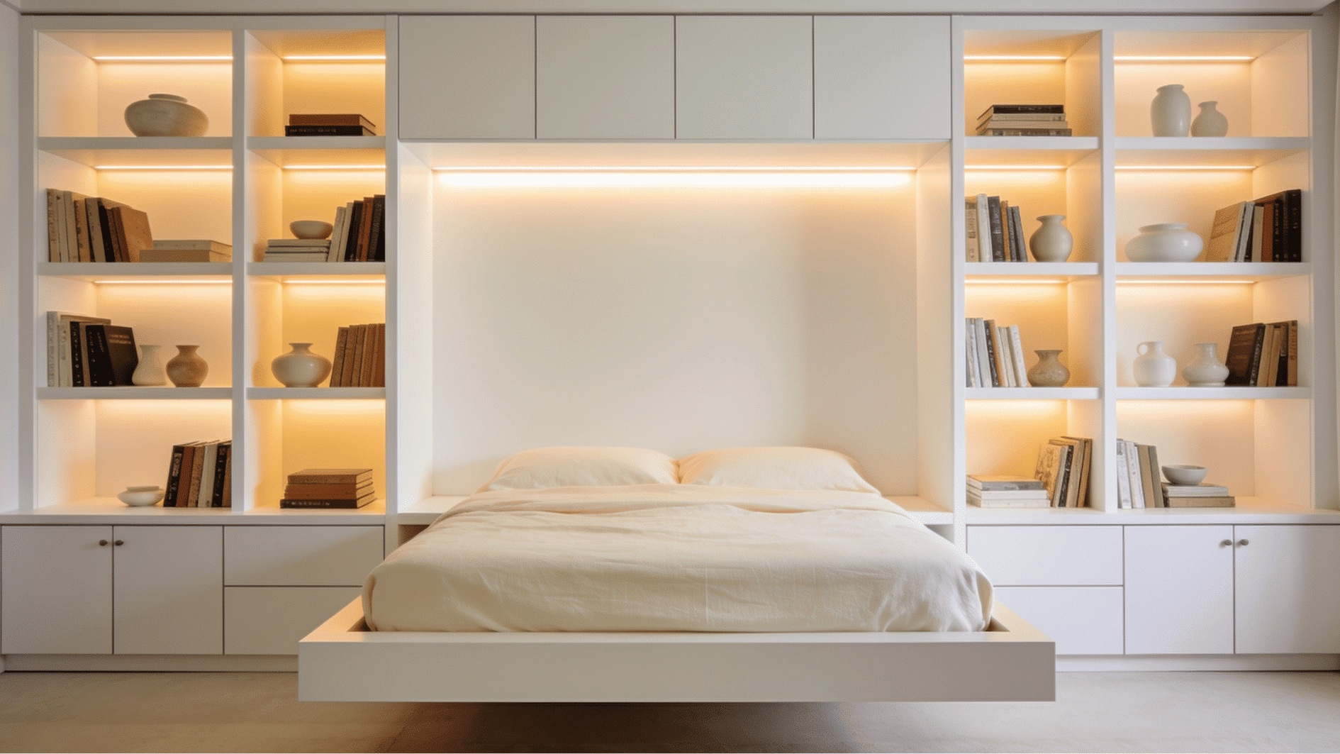 master bedroom with floor to ceiling built-in storage wall behind bed with warm led shelf lighting