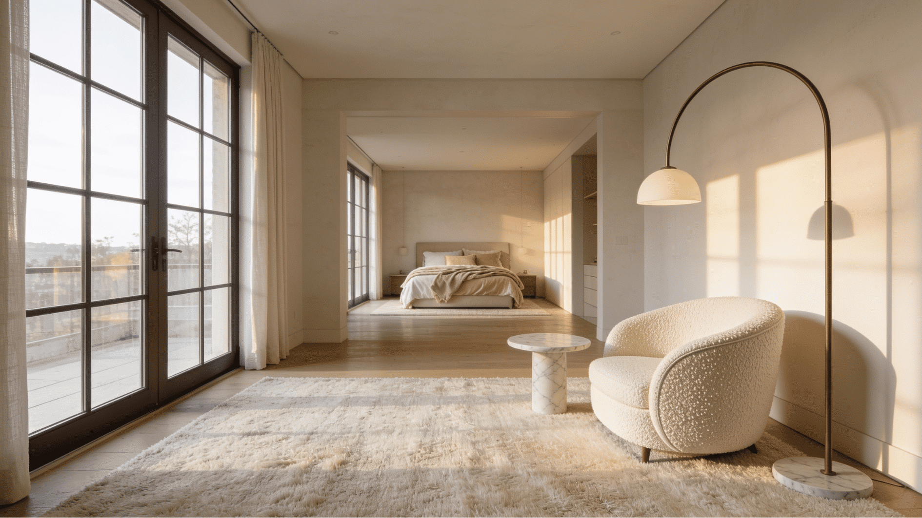 master bedroom with separate sitting area featuring boucle chair floor lamp and wool rug near window
