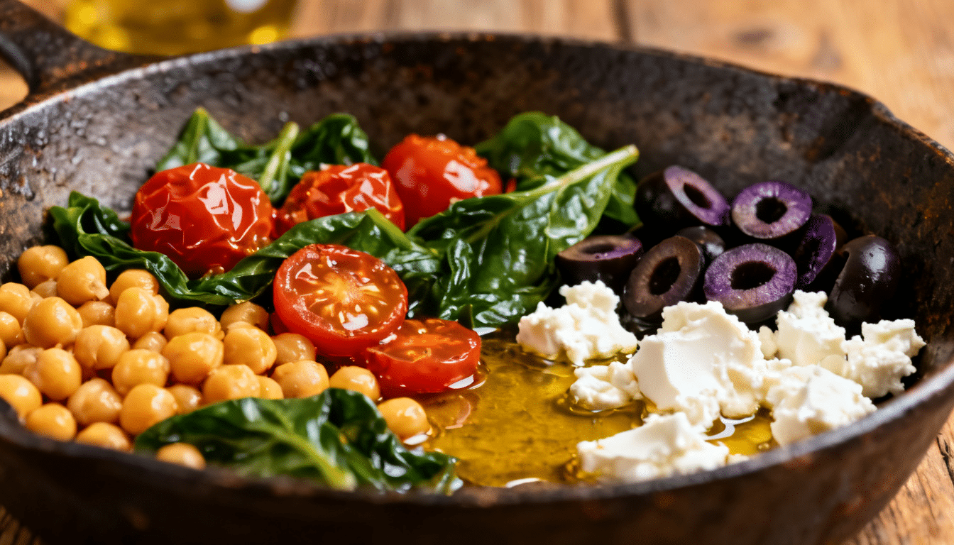 mediterranean chickpea skillet with chickpeas, spinach, cherry tomatoes, feta cheese, black olives, and olive oil in a rustic cast iron pan