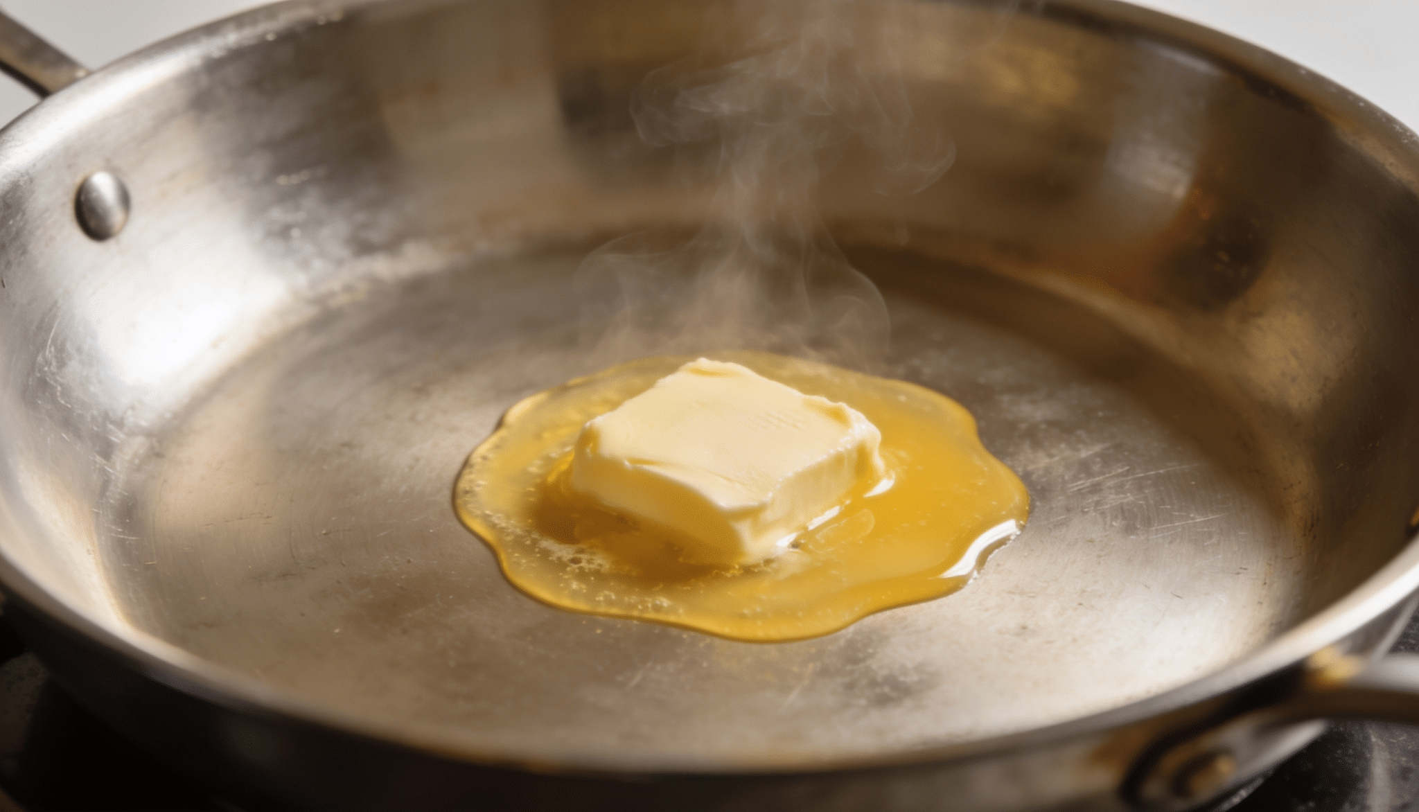 melting butter in a stainless steel skillet over low heat with light steam rising from the pan above it