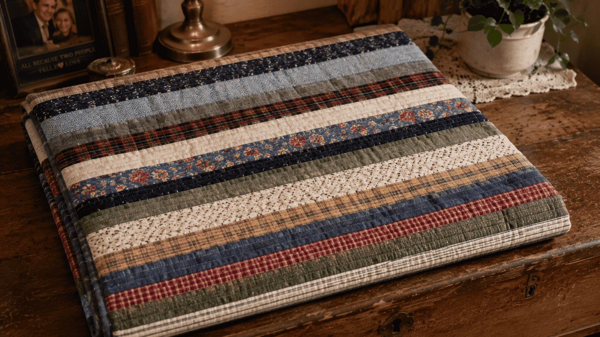 memory jelly roll race quilt with clothing fabric strips folded on a vintage wooden chest