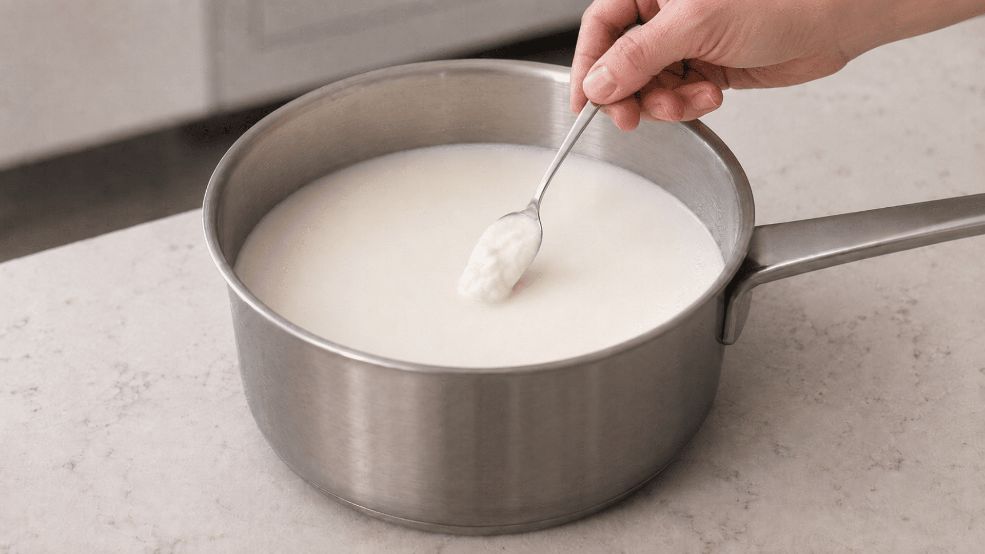 milk in a stainless steel saucepan and yogurt starter being added using a teaspoon with blurred kitchen floor steel utensil and white background