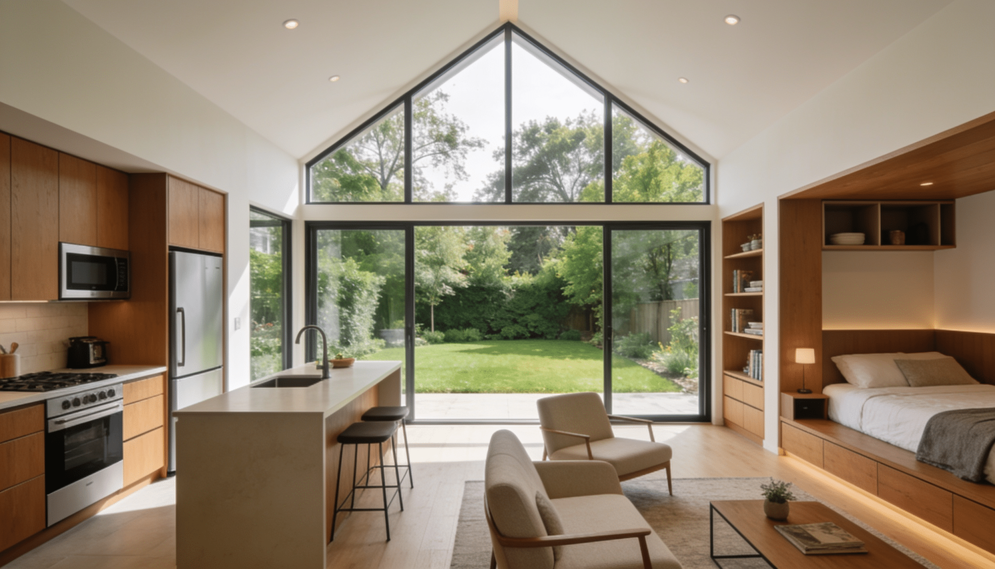 mini apartment addition with open-concept layout, compact kitchen, built-in bedroom nook, and large backyard-facing windows