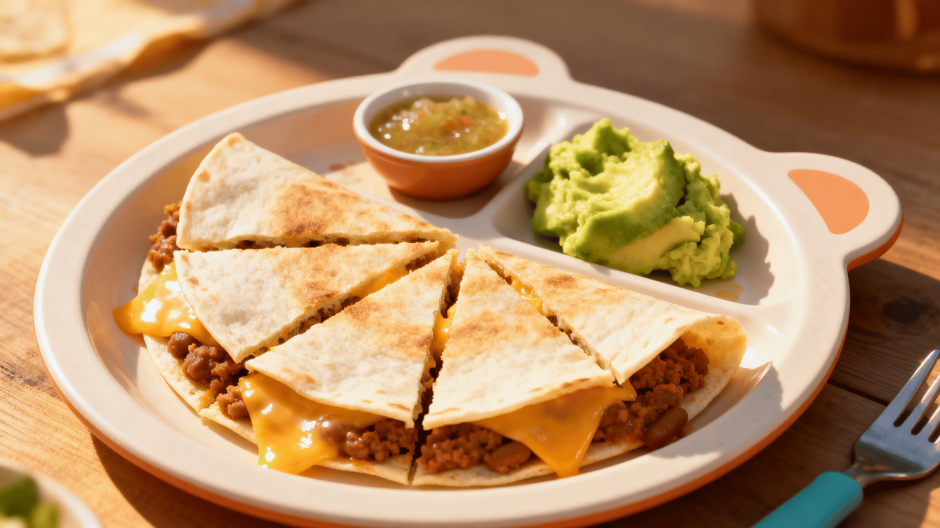 mini bean and cheese quesadilla with avocado on a toddler plate